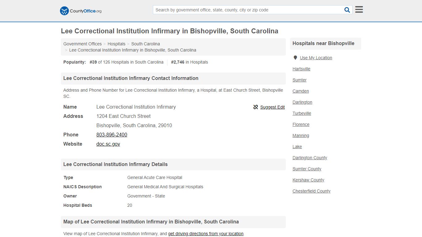 Lee Correctional Institution Infirmary - Bishopville, SC (Address and ...